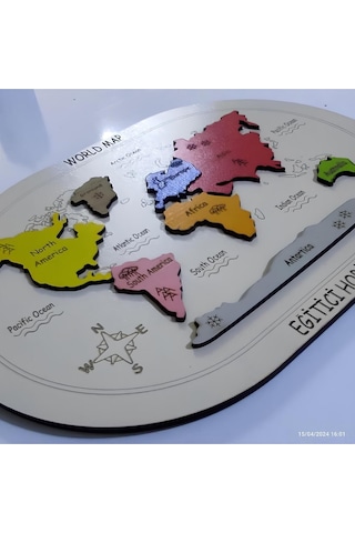 Kabartmalı Ahşap Dünya Kıtalar Haritası Montessorie Bul Tak Puzzle Diğer