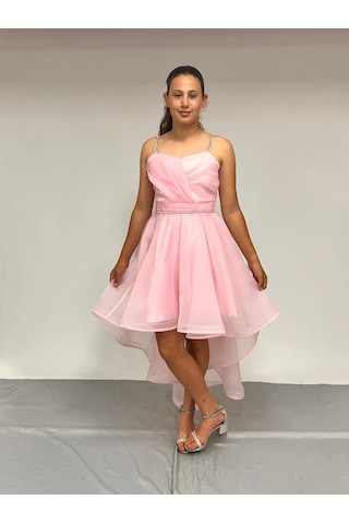 Butikhappykids Kız Çocuk Abiye Pembe Taş Kordon Askılı Kalp Yaka Kuyruklu Şifon Abiye Elbise 10-15 Yaş Pembe