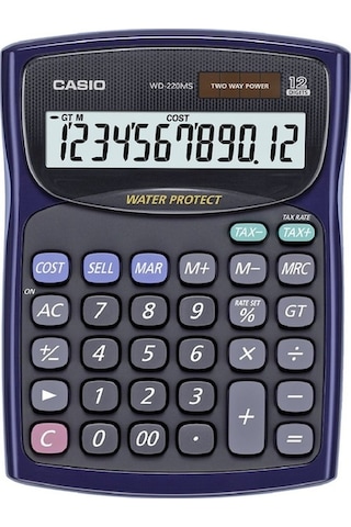 Casio Wd-220Ms-Bu 12 Hane Suya-Toza Dayanıklı Masaüstü Hesap Makinesi