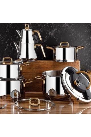 Lines Naz 18 Parça Paslanmaz Çelik Çeyiz Tencere Seti - Altın Kul