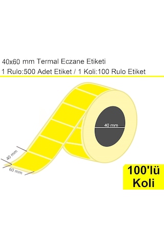 40x60 Mm Termal Eczane Etiketi Sarı Zemin 1 Rulo:500 Adet 1 Koli:100 Rulo / En:60 Mm Boy:40 Mm 100