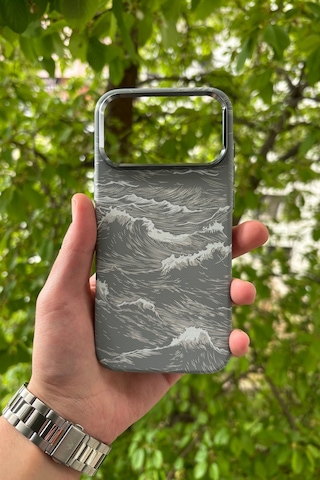 Apple Uyumlu iPhone 17 Pro Deniz Dalgası Desenli Soft Dokulu Karbon Fiber Magsafe Kılıf Gri