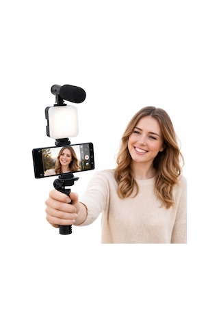 Telefon İçin Video Çekim Seti Led Işıklı Mikrofonlu Tripodlu Vlog Canlı Yayın Selfie Kiti