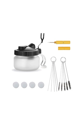 Singree Hava Fırçası Temizleme Seti - Cam Kavanozlu Tutucu, Nikel Boru, Çelik İğne Ve Nylon Fırça 4'lü Aksesuar Paketi