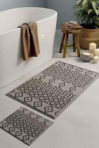 Gri Etnik Desen 2 Li Banyo & Klozet Paspas Takımı