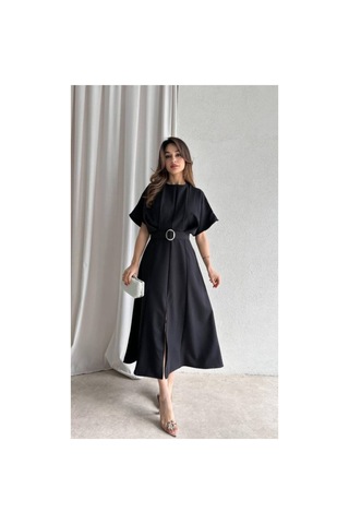 Meecy Maxi Siyah Kemerli Elbise Siyah Siyah