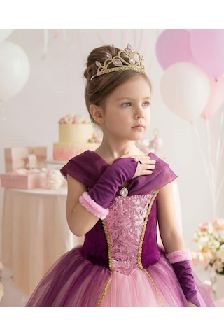 Butikhappykids Kız Çocuk Kostüm Rapunzel Mor Düşük Omuz Detaylı Kasnaklı Kabarık Prenses Elbise 3-8 Yaş Taç Ve Eldiven Hediyeli Mor