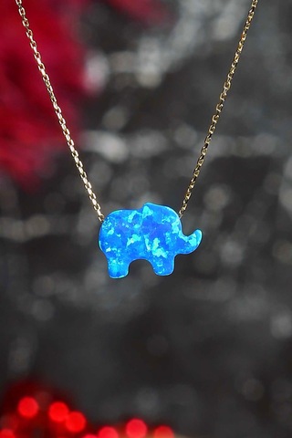 14 Ayar Altın Kolye Mavi Sedef Fil Altın Zincirli Kolye 45 Cm Uzunluk