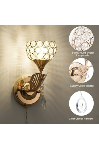 Moly Youtek Metal Kristal Duvar Lambası - Altın Renk, E26, 110-130v, Zip Anahtarlı, Yatak Odası/mutfak/iç Mekan, L180xw100xh100mm Siyah