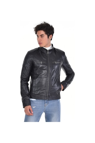 Hakiki Deri Siyah Erkek Deri Mont Hakim Yaka Üst Ve Yandan Fermuarlı Cep Detaylı Deri Ceket Siyah