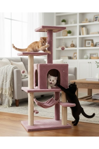 Reyo Pet Y01 Salıncaklı Yuvalı Lüx Kedi Tırmalama Oyun Evi Gül Kurusu
