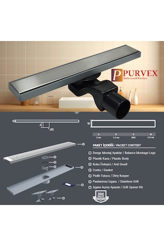 Purvex Home Paslanmaz Duş Kanalı 50 Çıkışlı 33 Cm Krom Banyo Duş Gideri Plast