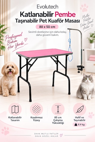 Pet Grooming Katlanabilir Pembe Taşınabilir Pet Kuaför Masası 80 Cm X 50 Cm