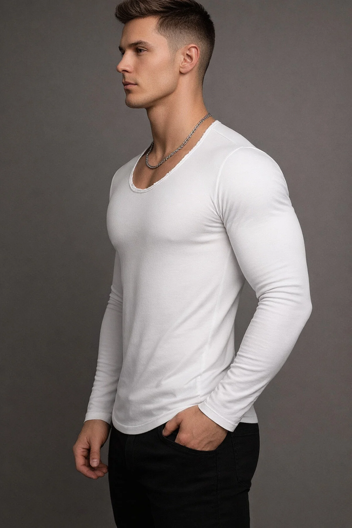 Erkek Uzun Kollu Oval Yaka Tişört Açık Yaka Likralı Slim Fit T-shirt Beyaz Beyaz
