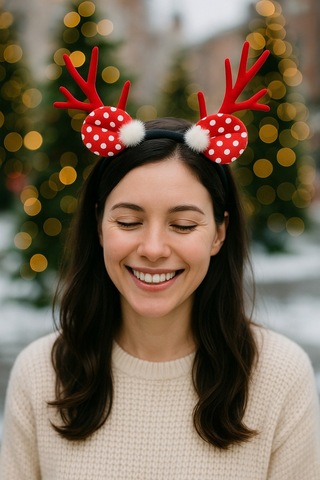 Yılbaşı Geyik Boynuzlu Puf Tüylü Kırmızı Puantiyeli Saç Bandı Yetişkin Kadın Parti Taç Aksesuar