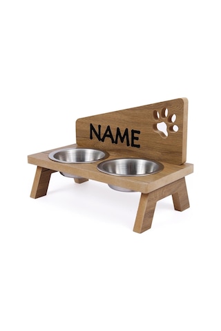 Nursoft Ahşap Kedi Mama Kabı Özel Isim Baskılı Kedi Köpek Su Kabı