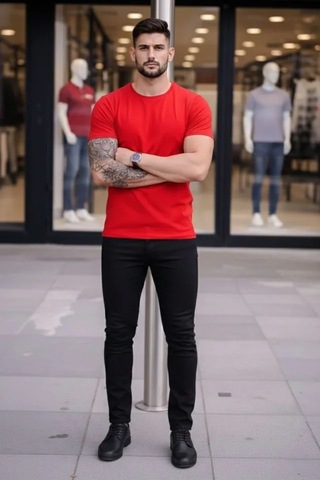 Veraura Lifestyle Erkek T-shirt Bisiklet Yaka Slim Fit Dar Kesim Likralı Tişört Günlük Basic Body - Kırmızı