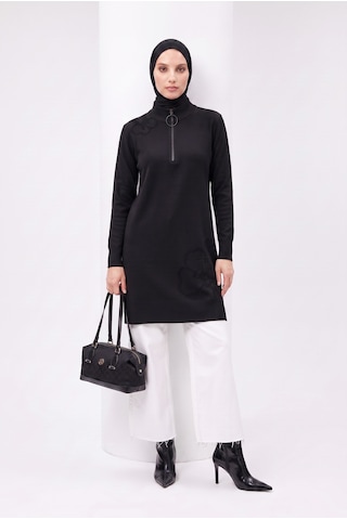 Armine Çiçek Desenli Triko Tunik 25ktd4111 Siyah