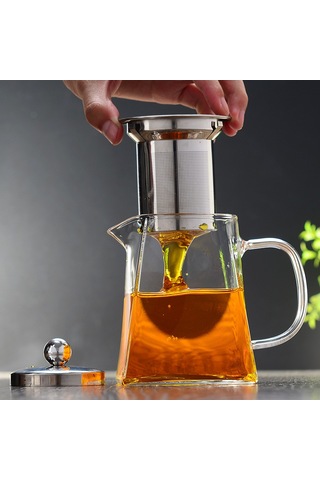 Borosilikat Cam Çelik Süzgeçli Ve Kapaklı Piramit  Demlik 750 ML Şeffaf