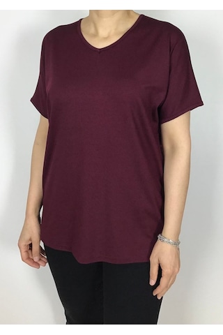 Kısa Kol V Yaka Likralı Düz Penye Bluz Bordo