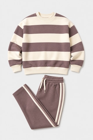 Eray Alp Kids Unisex Çocuk Çizgi Detaylı Şardonsuz Alt Üst Takım Kahverengi