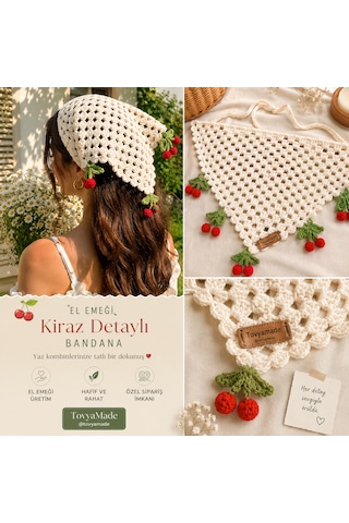 Kiraz Motifli Bandana Kırmızı - Krem