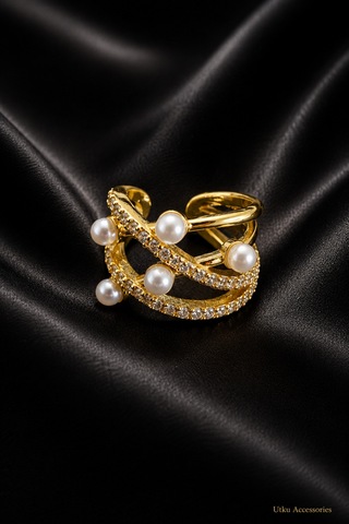 Gold Sıralı İncili Talı Kıkırdak Çelik Küpe Earcuff Altın