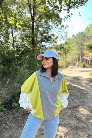 WeShaya Kadın Gri Polo Yaka, Uzun Yarasa Kol, Lastikli Manşet, Asimetrik Color Block, Salaş Sweatshirt Bluz Gri