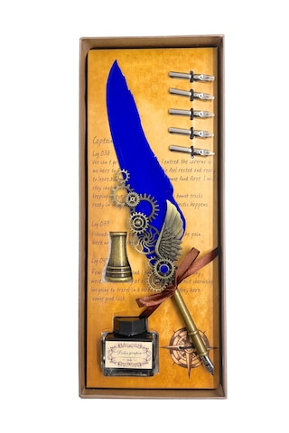 Vintage Gear Wing Kuş Tüy Kalemli Divit Yazı Seti Lacivert