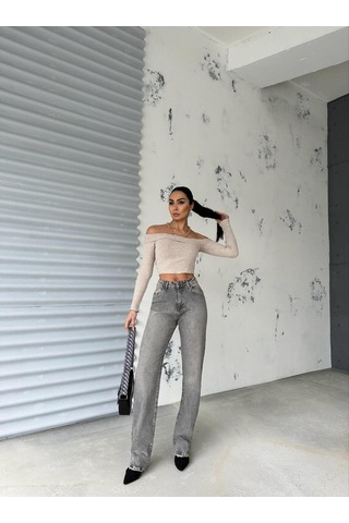 Straıght Boru Paça Grey Jean Gri