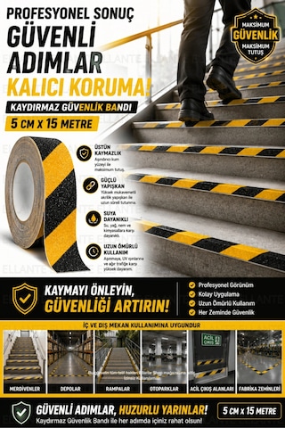 Sarı Siyah 5 Cm X 15 Metre Kaydırmaz Güvenlik Bandı Merdiven Zemin Kaydırmaz Bant Güçlü Yapışkanlı İ