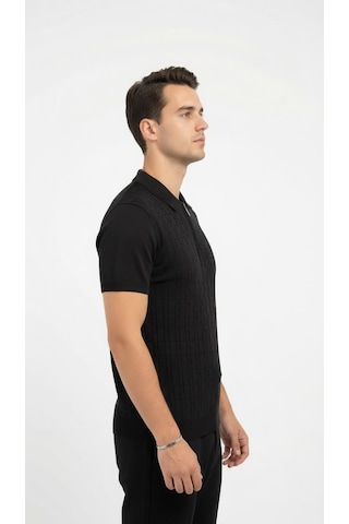 Plus Scorpion Erkek Polo Yaka Fermuarlı Triko Tişört Dokulu Slim Fit Siyah
