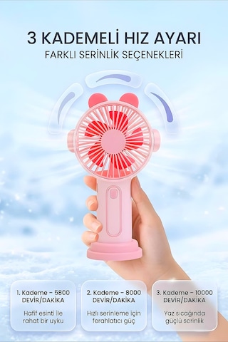 Şarjlı Taşınabilir Sevimli Kulak Tasarımlı Mini Fan 3 Kademeli Hız Telefon Standlı Vantilatör Pembe