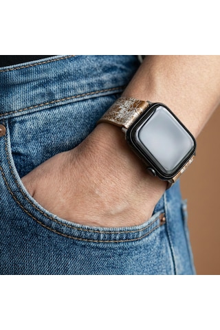 Goldoni Apple Watch Uyumlu Antik Bej İnce Gerçek Deri Kordonu Metal Köprülü