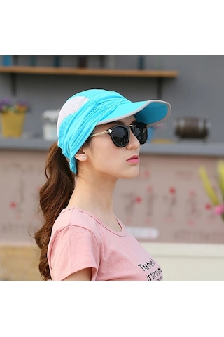 Captain Fisherman Style Cap Jf-07 Katlanır Fileli Şapka + Çıkarılabilir Yüz Koruma Açık Mavi