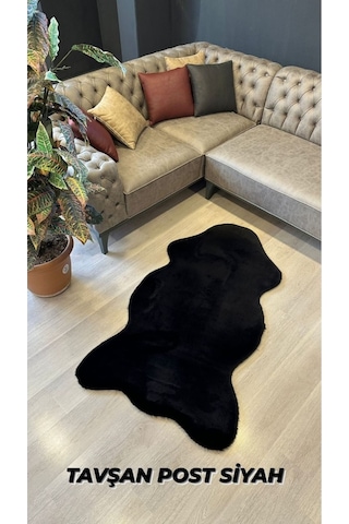 Aries Home Tavşan Tüyü Siyah Yumuşak Makinada Yıkanabilir Kaymaz Ve Toplanmaz Süet Taban Post Halı
