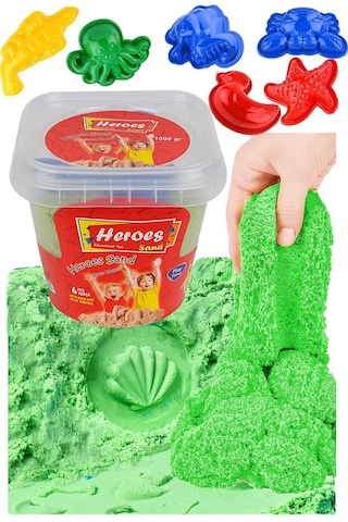 Yeşil Kinetik Kum 500 Gr Ve Oyun Kalıbı 6 Lı 1 Paket Kurumaz Kinetik Oyun Kumu Doğal Kinetik Kum