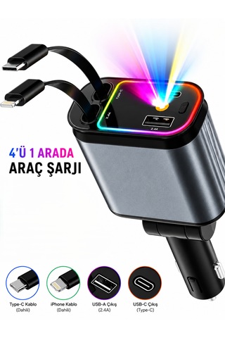 66w Tavan Aydınlatmalı 4'ü 1 Arada Araç Şarj Adaptörü 80 Cm Uzayabilen Kablolu Araç Şarj Cihazı