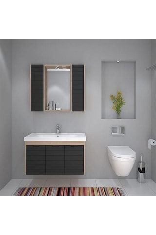 Denko Mostar 90 Cm Mdf Lake Banyo Dolabı Takımı-Siyah Çok Renkli