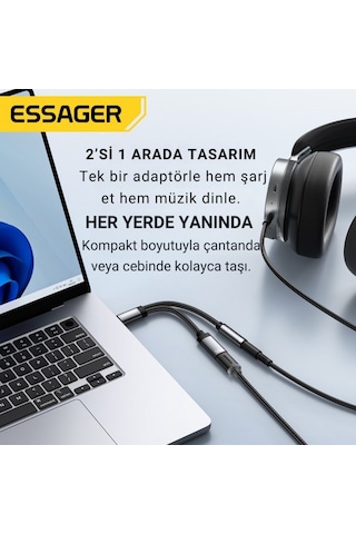 Essager 2in1 Type-c Adaptör 60w Hızlı Şarj + Type C Kulaklık Çıkışı, Hifi Ses Ve Hızlı Şarj Adaptörü Gri