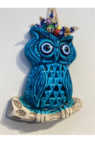 El Yapımı Nazar Boncuğu, Duvar Dekorasyon Ürünü, Seramik, El İşçiliği, Turkuaz Renkte Baykuş Desenli -