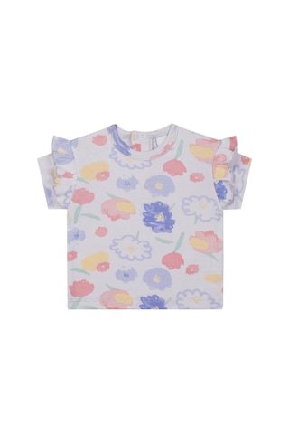 Antebies Organik Lila Suluboya Çiçek Desenli Fırfırlı Kısa Kollu Kız Bebek Tshirt Şort Takımı Mor