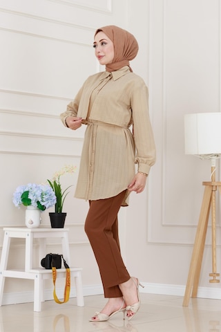 Sevitli Beli Bağcıklı Allerli Taşlı Tunik-bej-5219 Bej