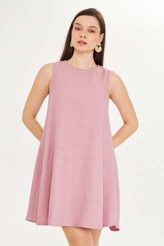 Gül Kurusu Keten Karisimli Yazlık Sifir Kollu Çan Elbise Açık Pembe