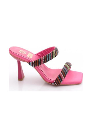 Dgn 1270-22y Kadin Çift Bantli Sirali Taşli Topuklu Terlik Fuşya Saten Multi