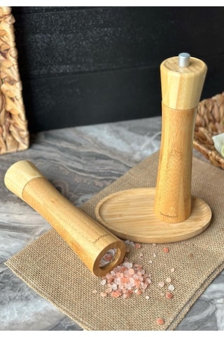 Bambum - Tabaklı Tuzluk Biberlik Değirmen Seti 3 Parça Küçük