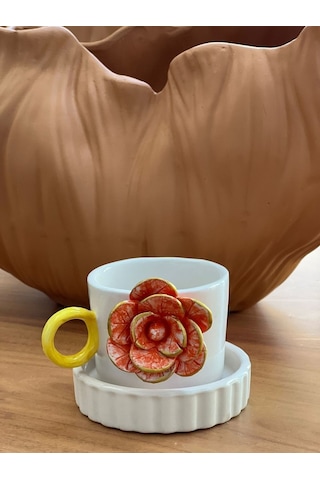 Turuncu Güllü Fincan Mug Altlığı İle Çok Renk
