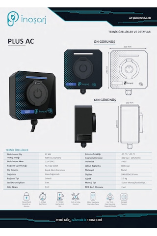 İnoşarj Plus Ac 22 Kw Rfıd Kartlı Bakiye Yönetimli Type 2 Soketli Elektrikli Araç Şarj İstasyonu