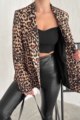 Femelle Kadın Leopar Desen Astarlı Blazer Ceket Kahverengi