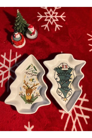Yılbaşı Temalı 2'li Ağaç Tasarımlı Desenli Seramik Sunum Servis Tabağı 17x12 Cm Geyikli Ve Çam Ağaçlı